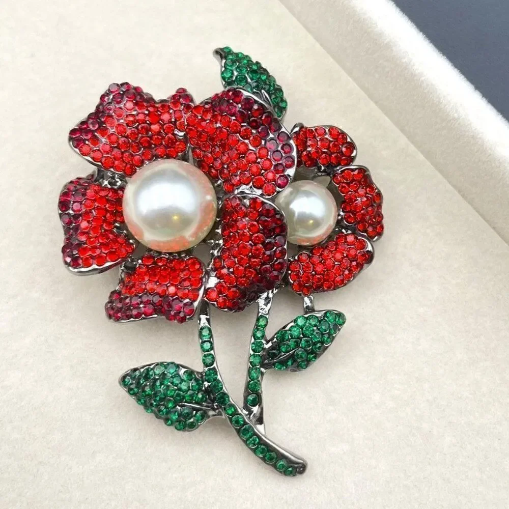 Gun Metal with Ruby Garnet Red and Emerald Crystal Pearl Flower Pin Back Brooch